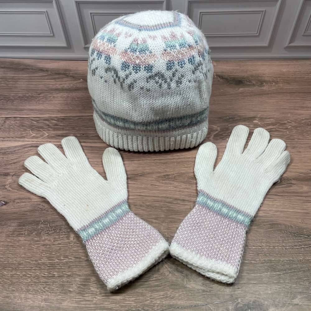 Vintage Hansen Womens Knit Beanie Hat and Gloves‎ Set Fair Isle White Pink Blue